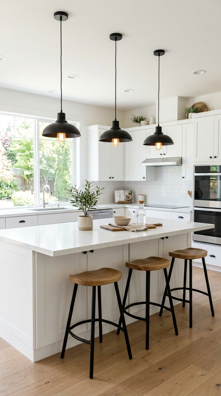 003 Pendant Light Trio A kitchen peninsula with three