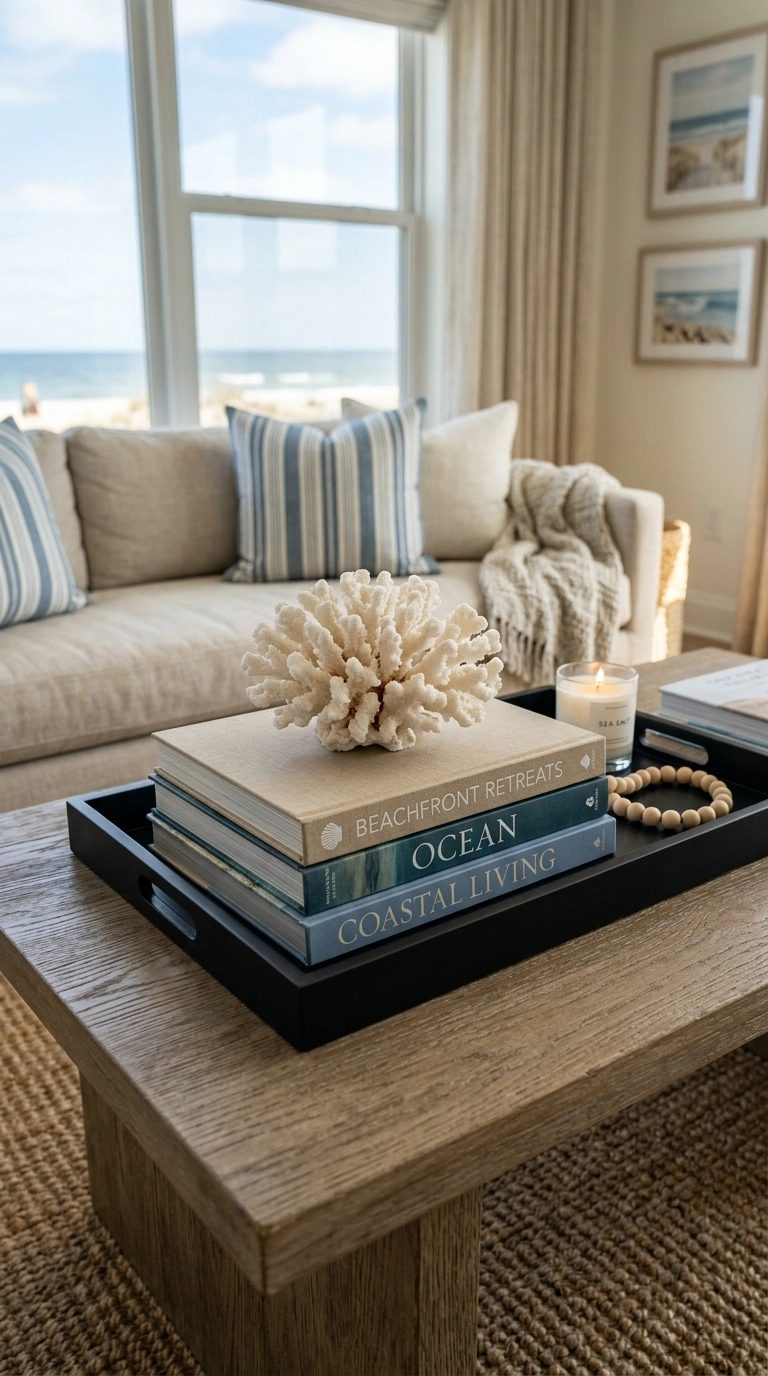 003 Stack of Coastal Books A coffee table styled with