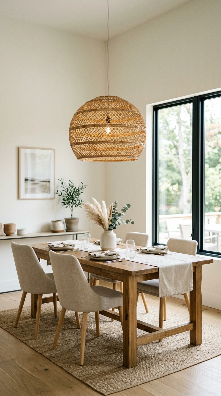 003 Statement Light Fixture A dining room with a woven