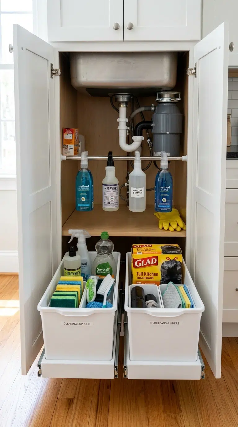003 Under Sink Bins An open under sink kitchen cabinet