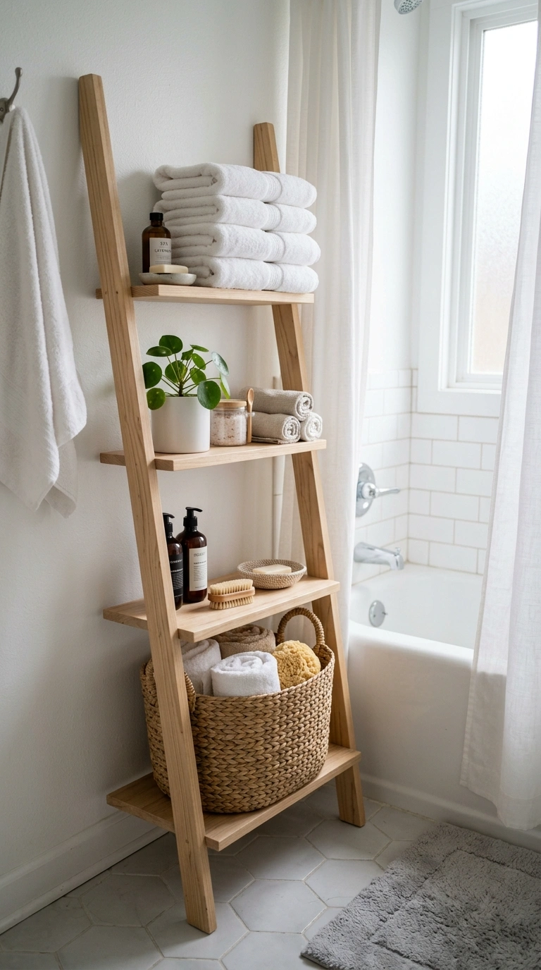 003 Vertical Shelf Ladder A small bathroom with a ligh
