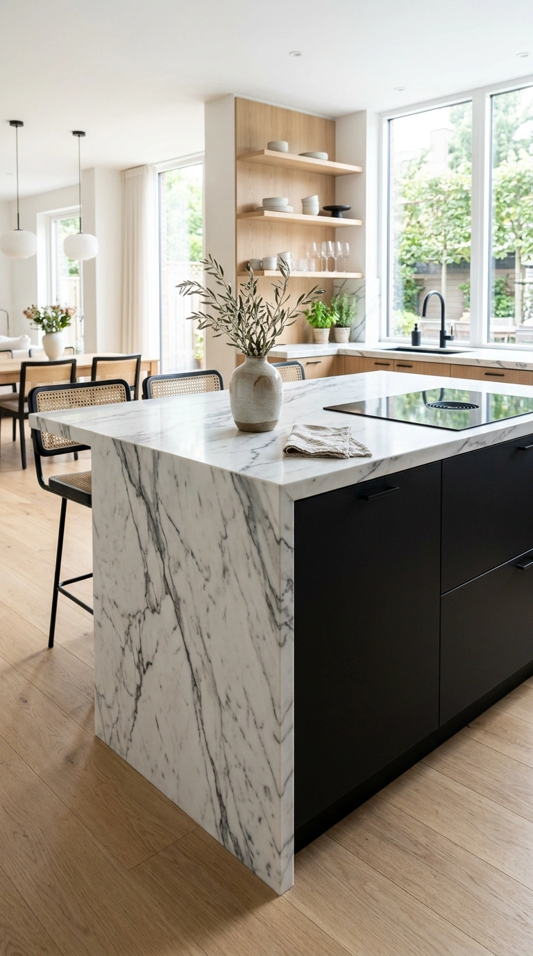 003 White Marble Waterfall A kitchen island with a whi