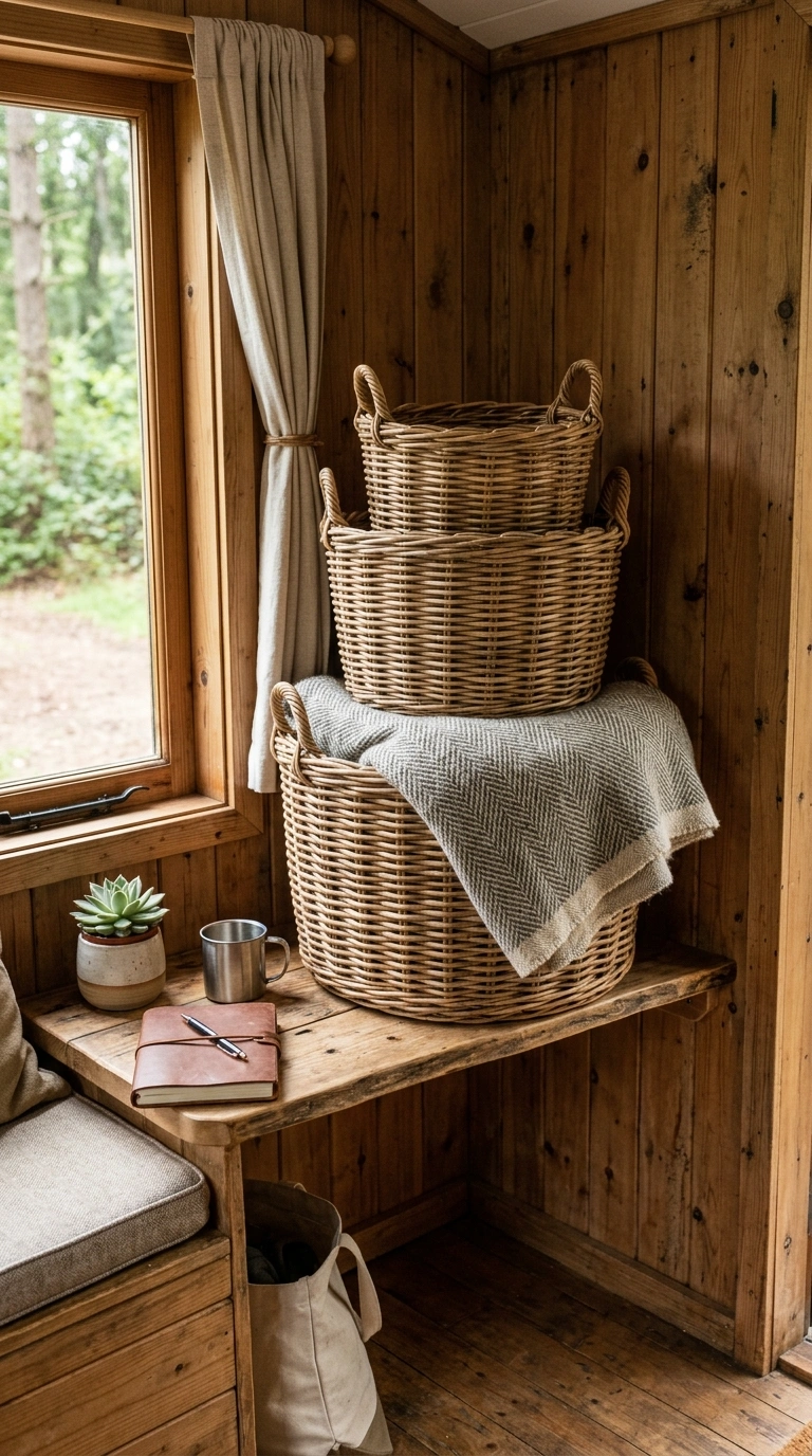 003 Woven Storage Baskets A camper interior corner wit