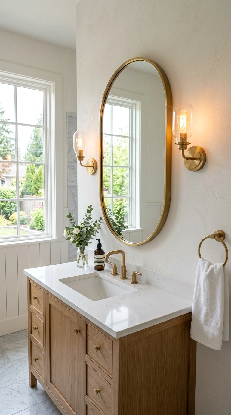004 Curved Vanity Mirror A bathroom vanity with a roun