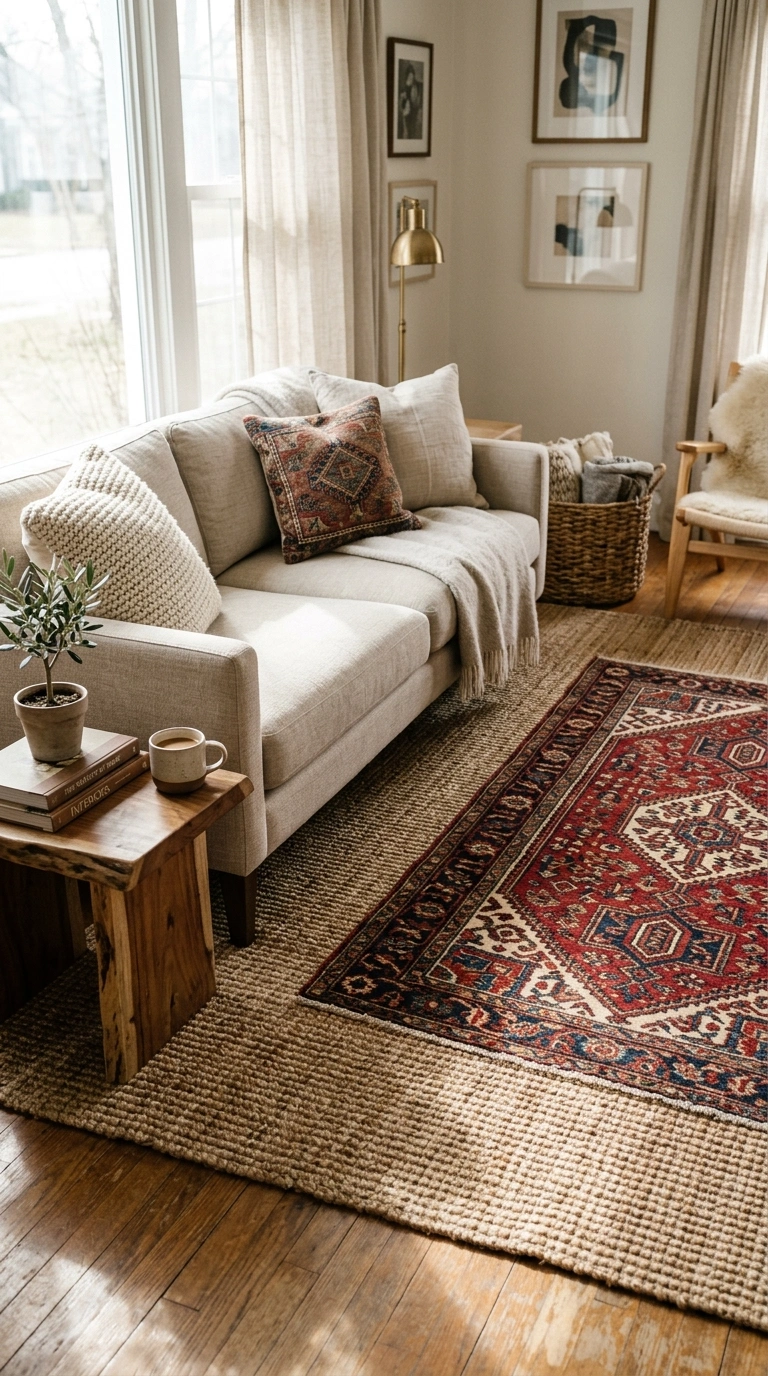 004 Layered Area Rugs A living room with a large neutr