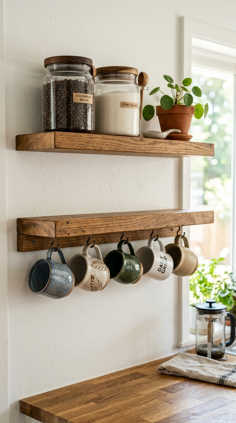 004 Open Shelf Display Two stacked open wood shelves i