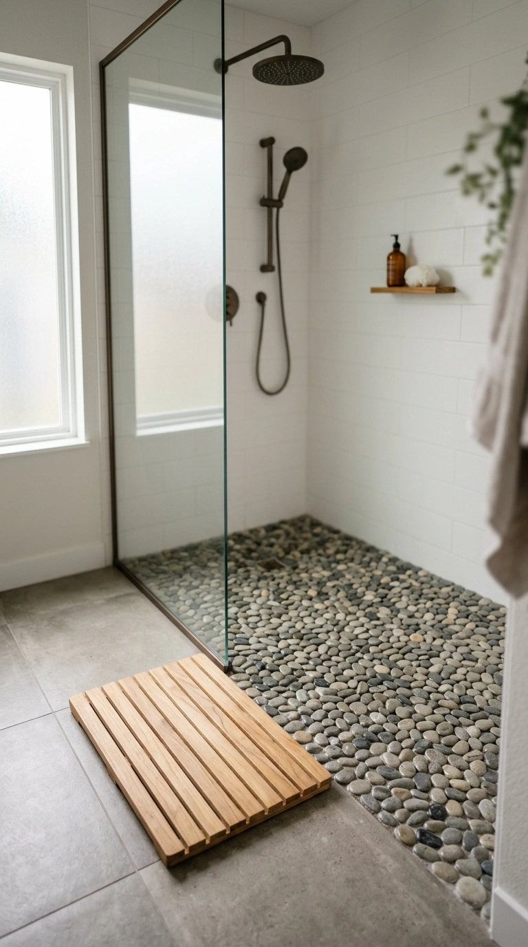 004 Pebble Stone Floor A walk in shower with a natural