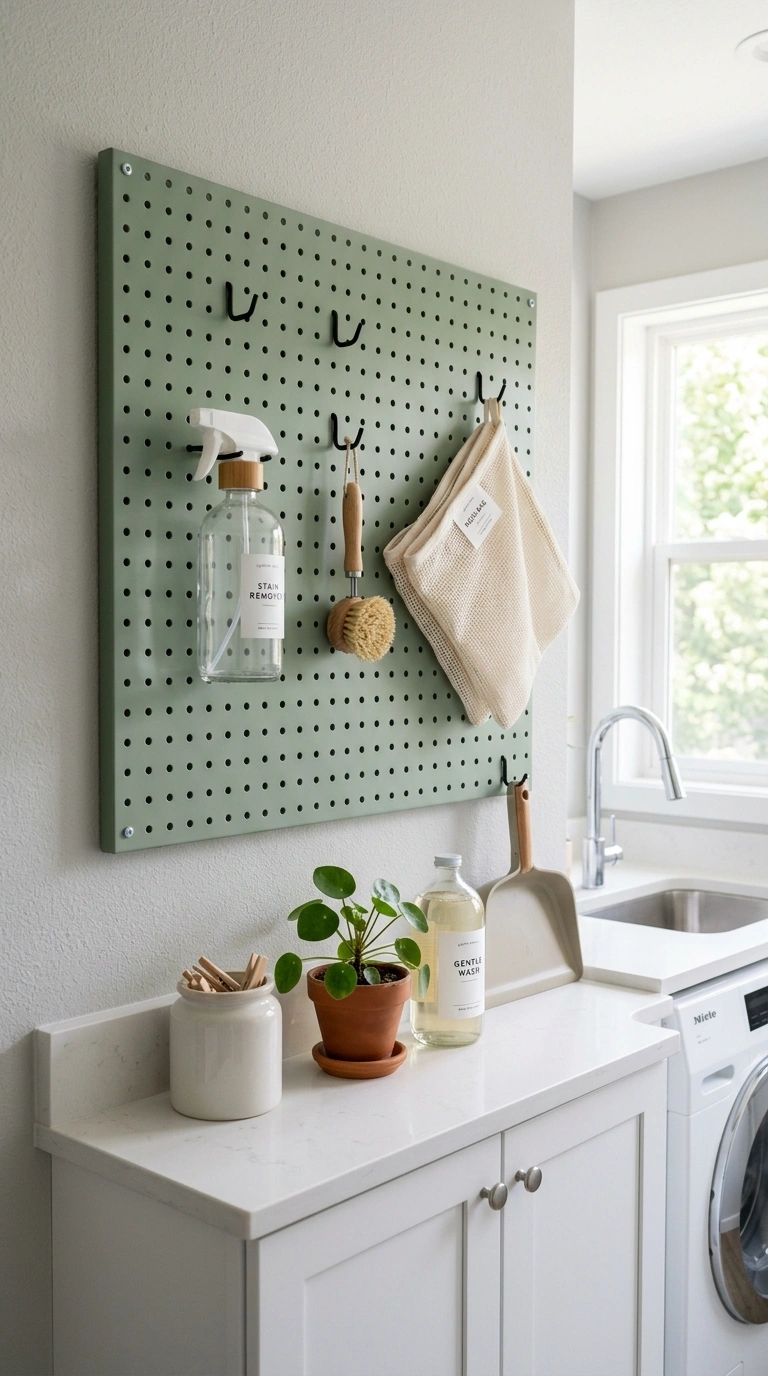 004 Pegboard Wall Organizer A sage green pegboard moun