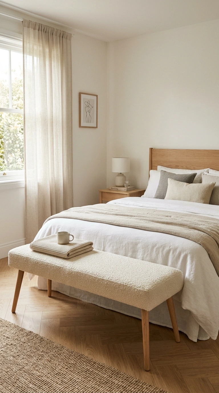 004 Plush Bench Seat A small bedroom with a slim uphol