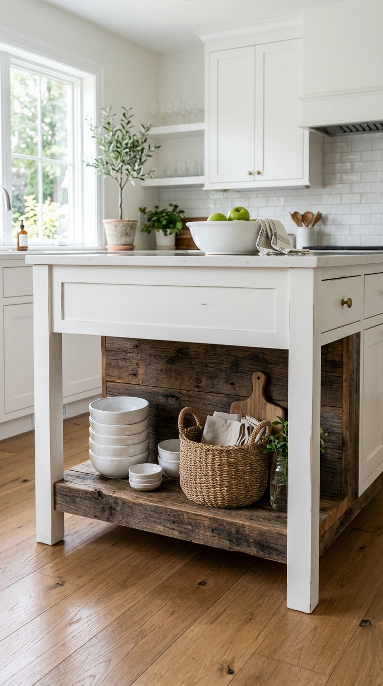 004 Reclaimed Wood Shelf A white kitchen island with a