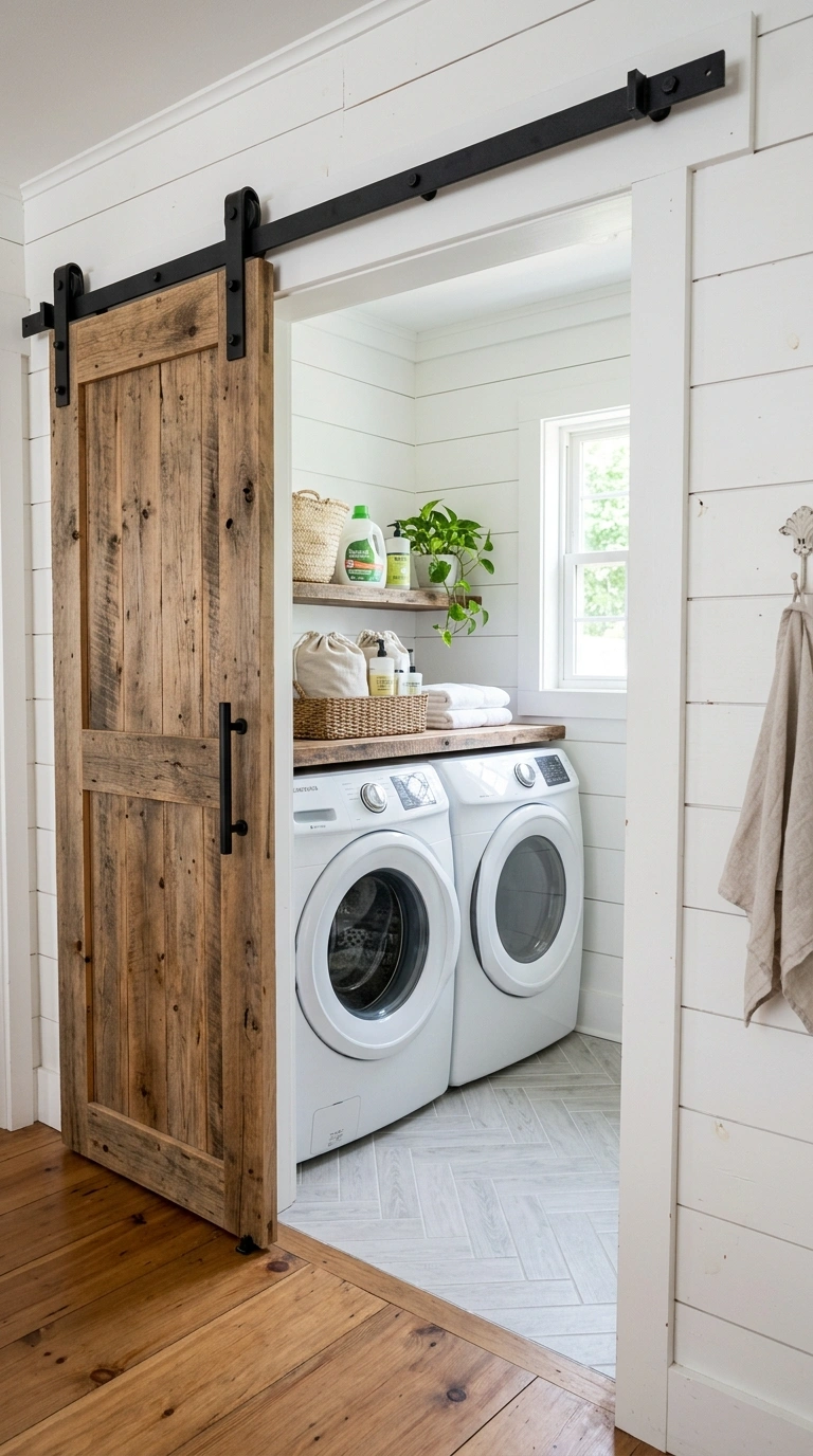 004 Sliding Barn Door A small laundry room entrance wi