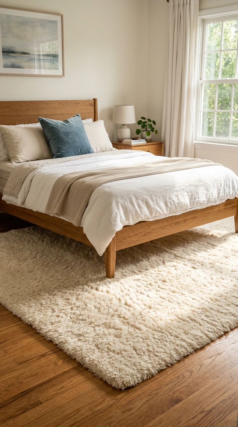 004 Soft Area Rug A plush cream area rug beneath a woo