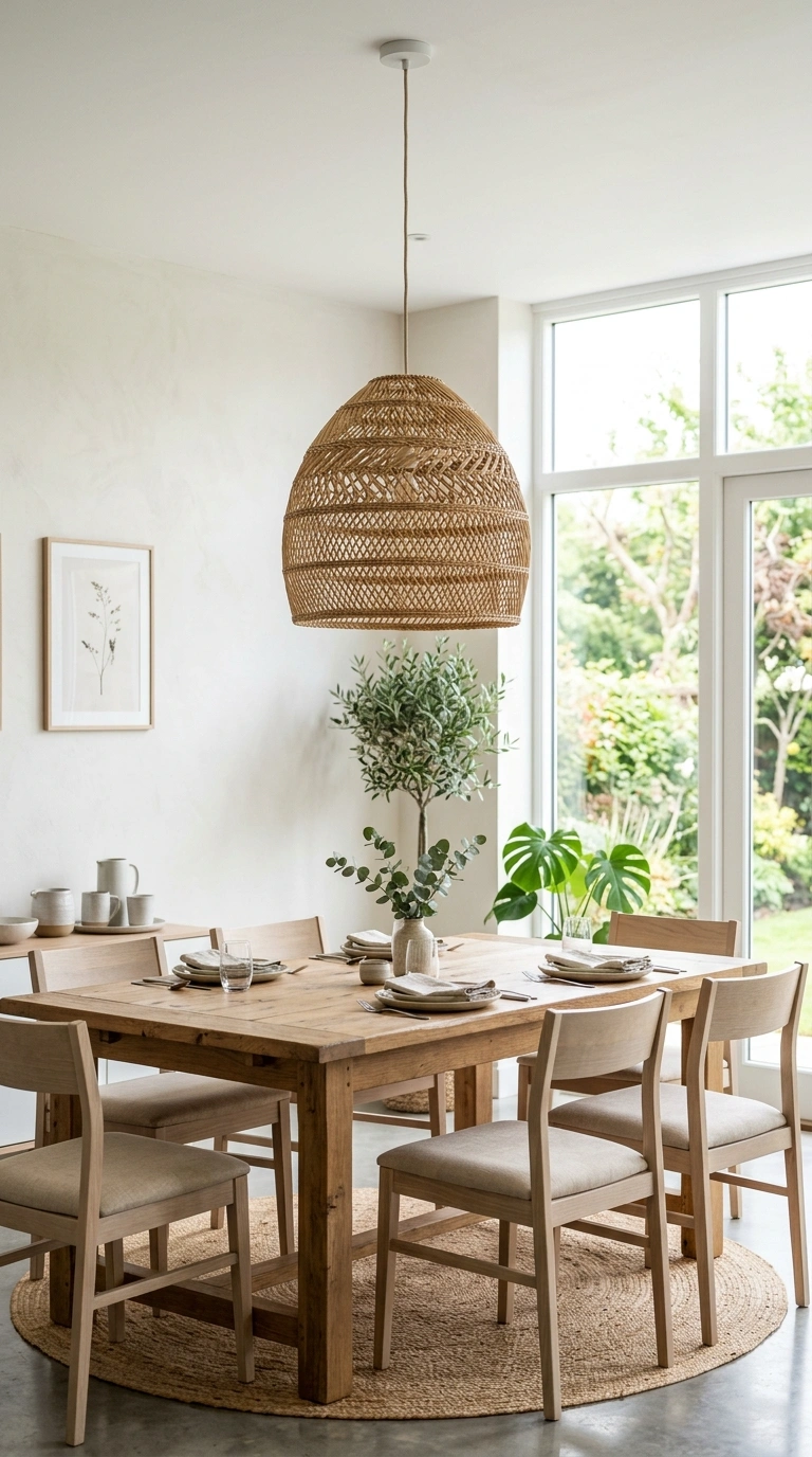 004 Statement Light Fixture A dining area with a woven