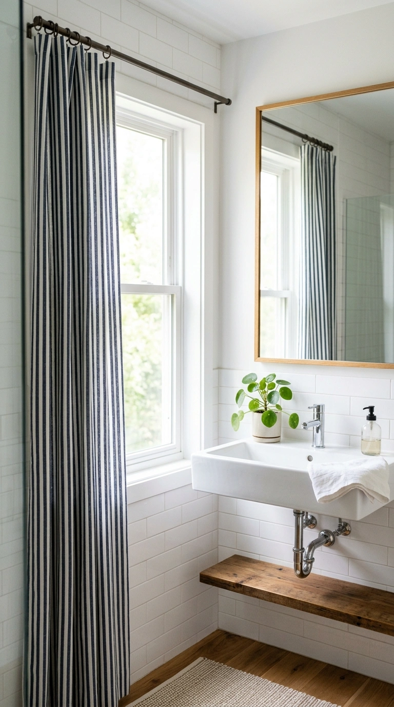 004 Striped Cotton Panel A bright bathroom with a navy