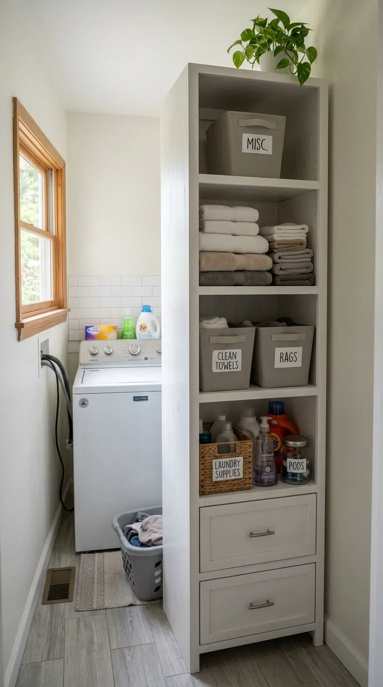 004 Tall Storage Tower A narrow laundry room with a wh