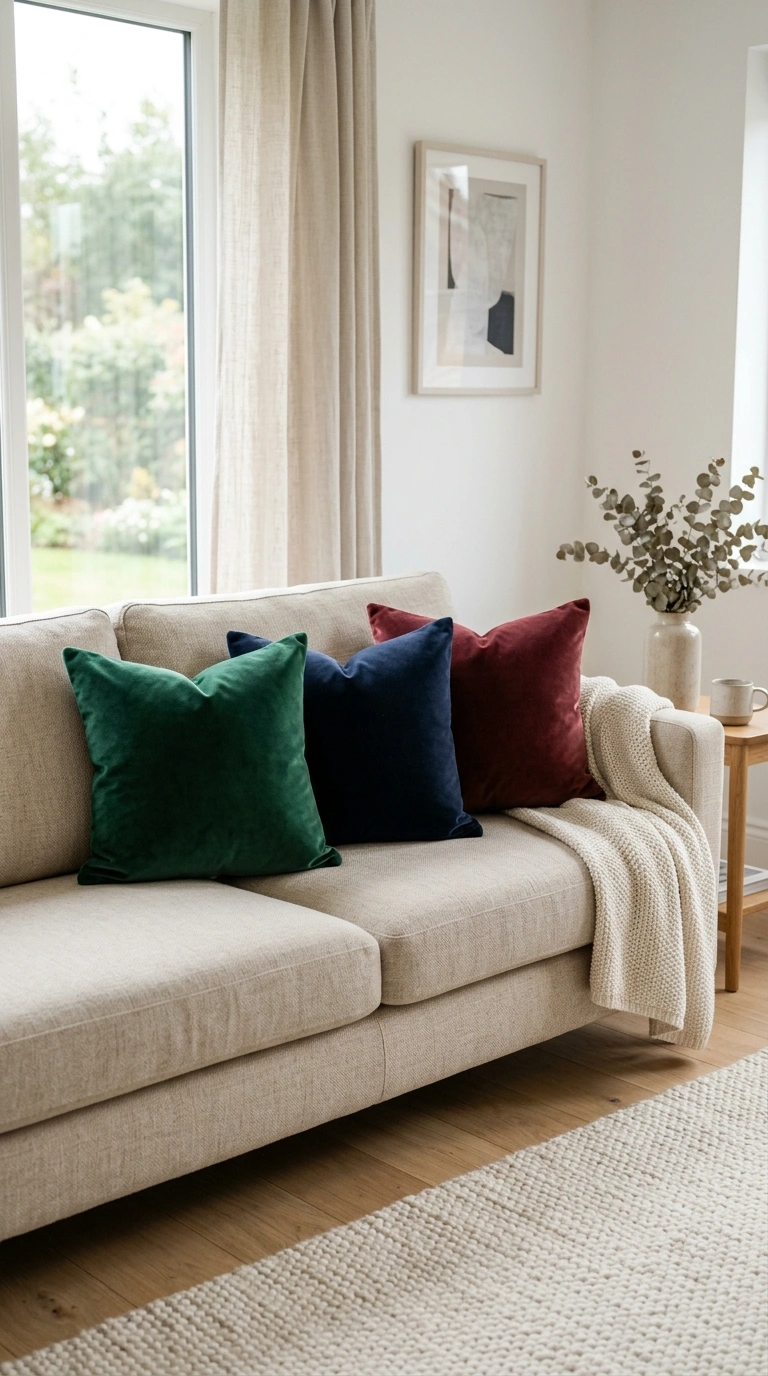 004 Velvet Throw Pillows A neutral linen sofa styled w