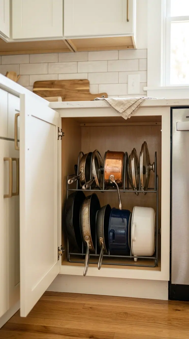 004 Vertical Pan Rack An open lower kitchen cabinet sh
