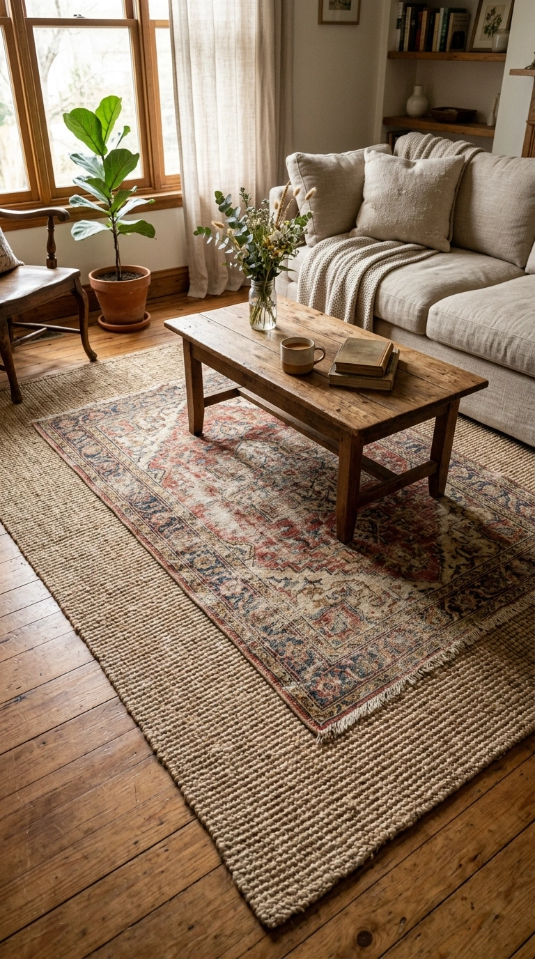 004 Vintage Rug Layering A living room floor with a la