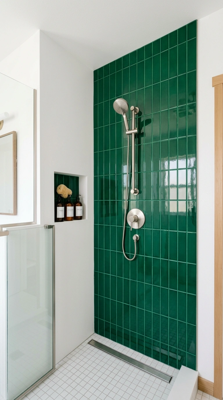 005 Bold Color Block Tile A shower wall fully tiled in