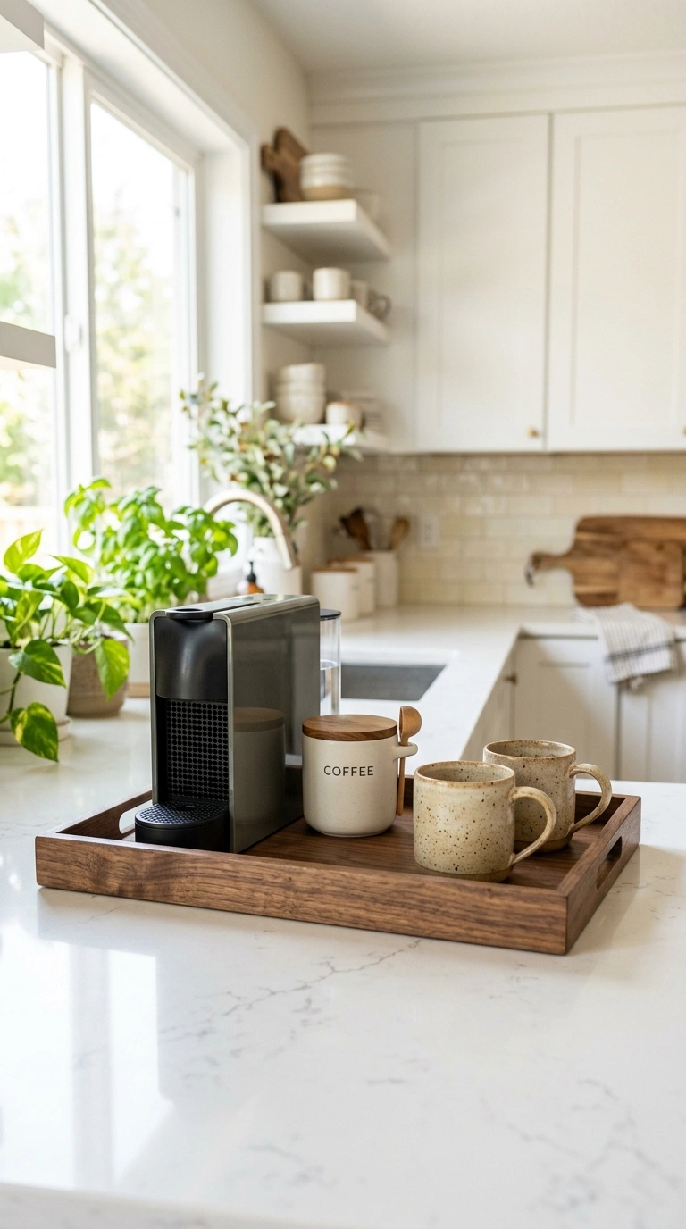 005 Countertop Tray Display A wood serving tray on a k