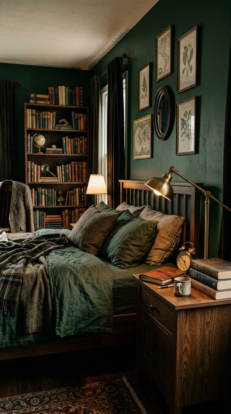 005 Dark Academia Bedroom A bedroom with deep green pa