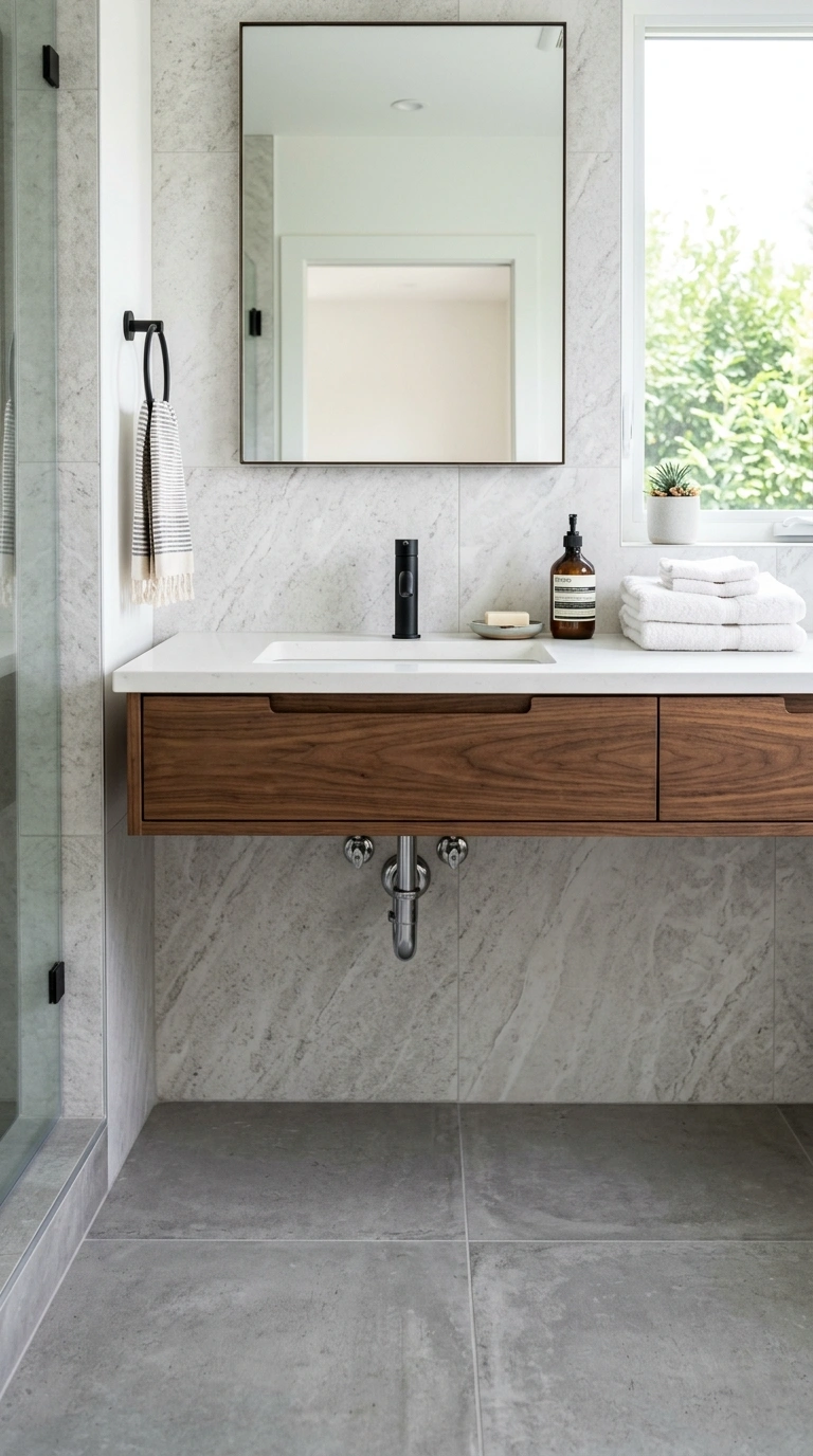 005 Floating Wood Vanity A bathroom with a floating wa