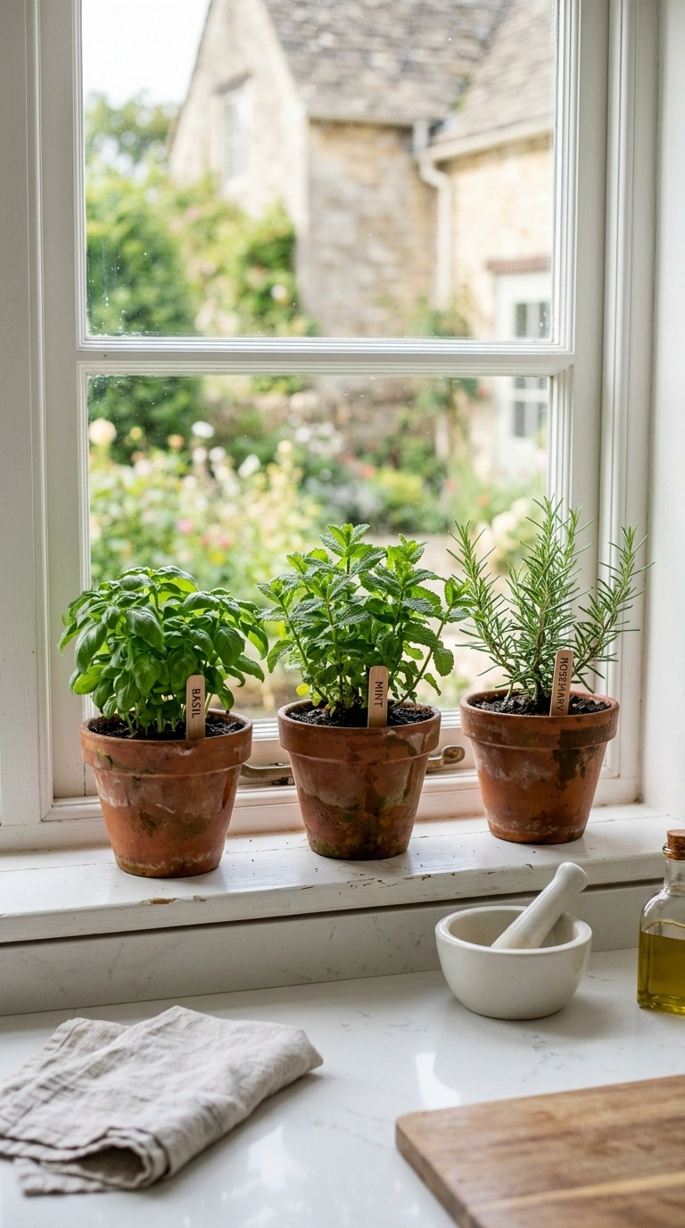 005 Fresh Herb Garden A kitchen windowsill lined with
