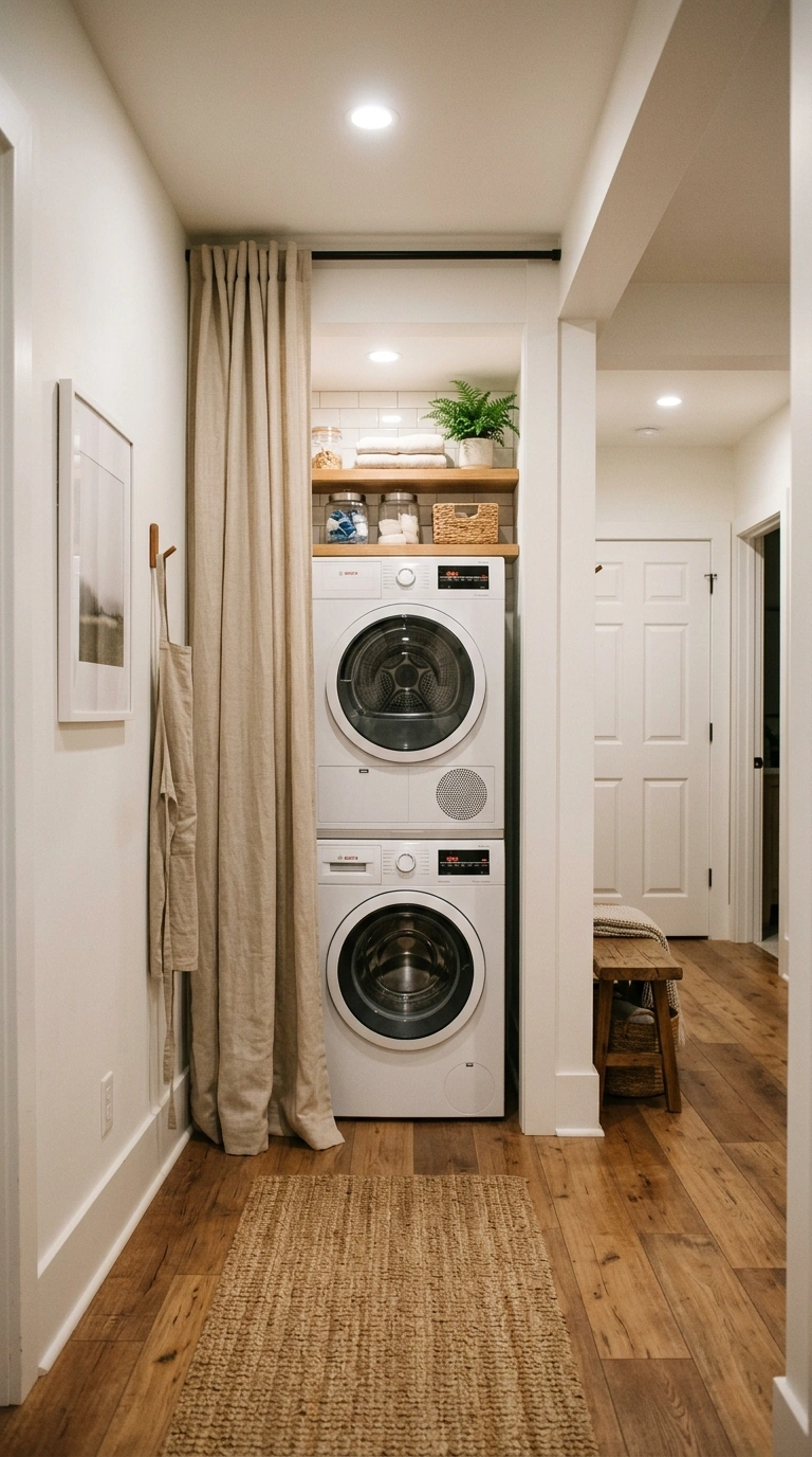 005 Hidden Laundry Nook A basement hallway with a line