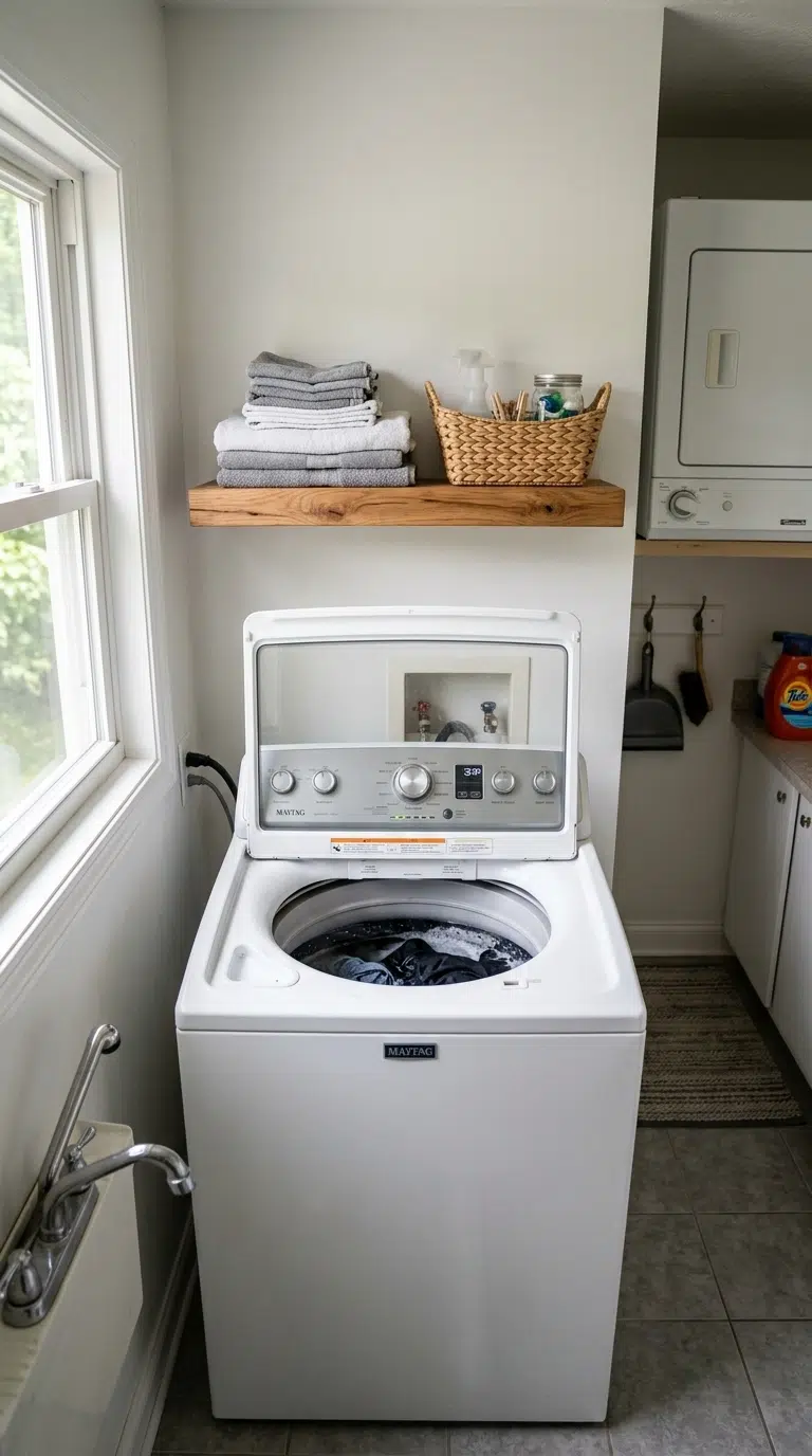 005 Open Shelf Above Machine A narrow laundry room wit