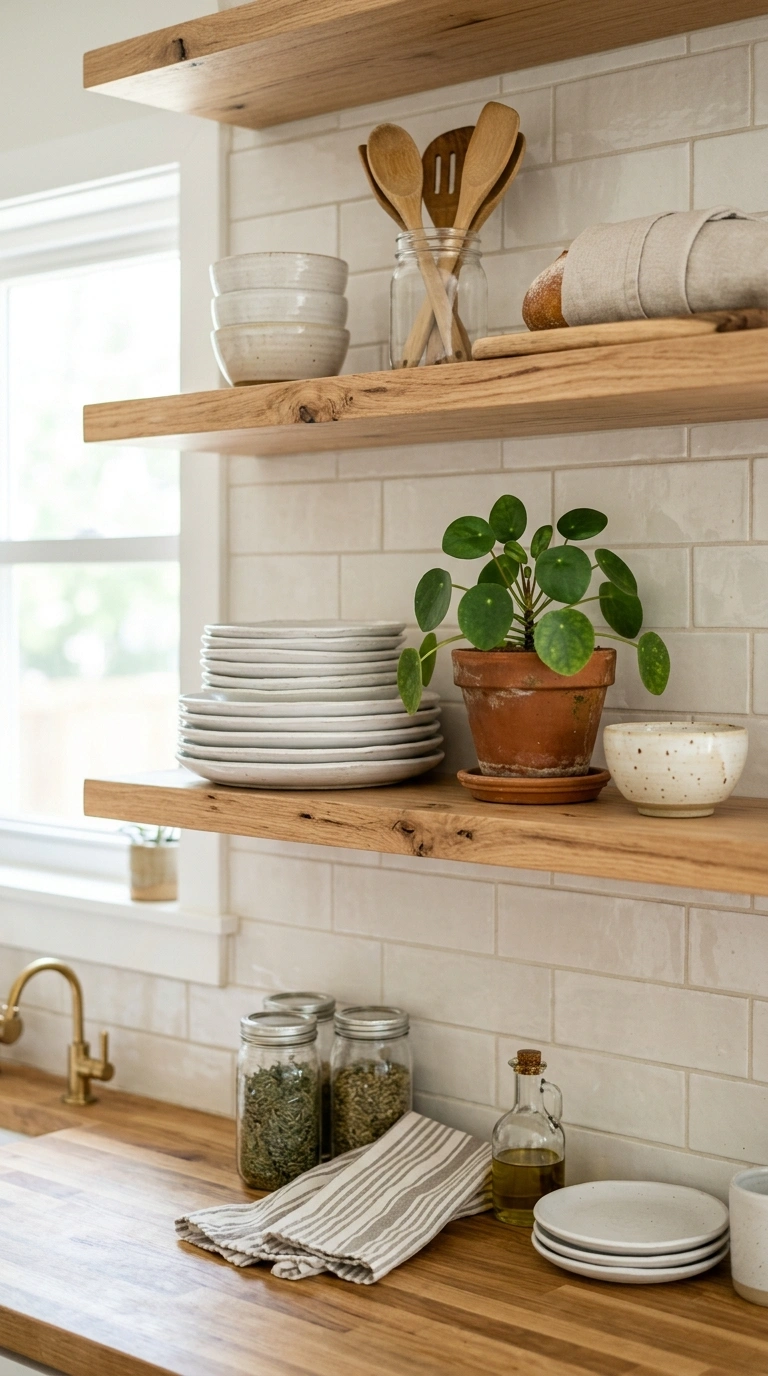005 Open Shelf Styling A kitchen with open wood shelvi