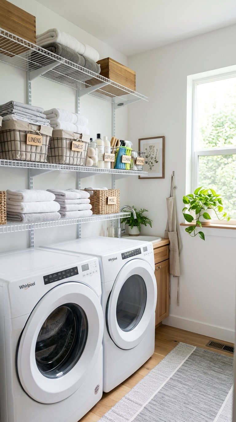 005 Open Wire Shelving A small laundry room with white