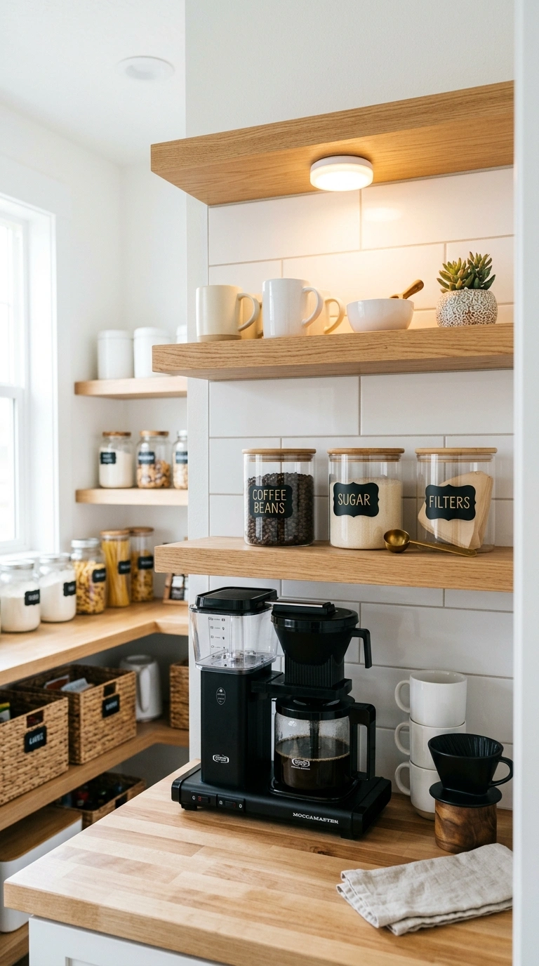 005 Pantry Coffee Wall Inside a bright pantry two wood