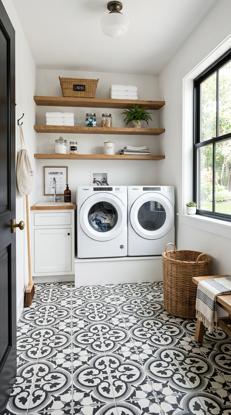 005 Patterned Tile Floor A laundry room with black and