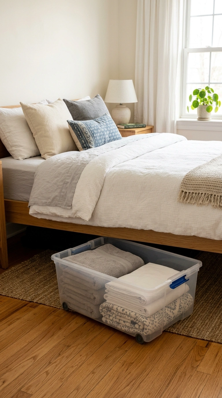 005 Under Bed Storage A neatly made bed with a rolling
