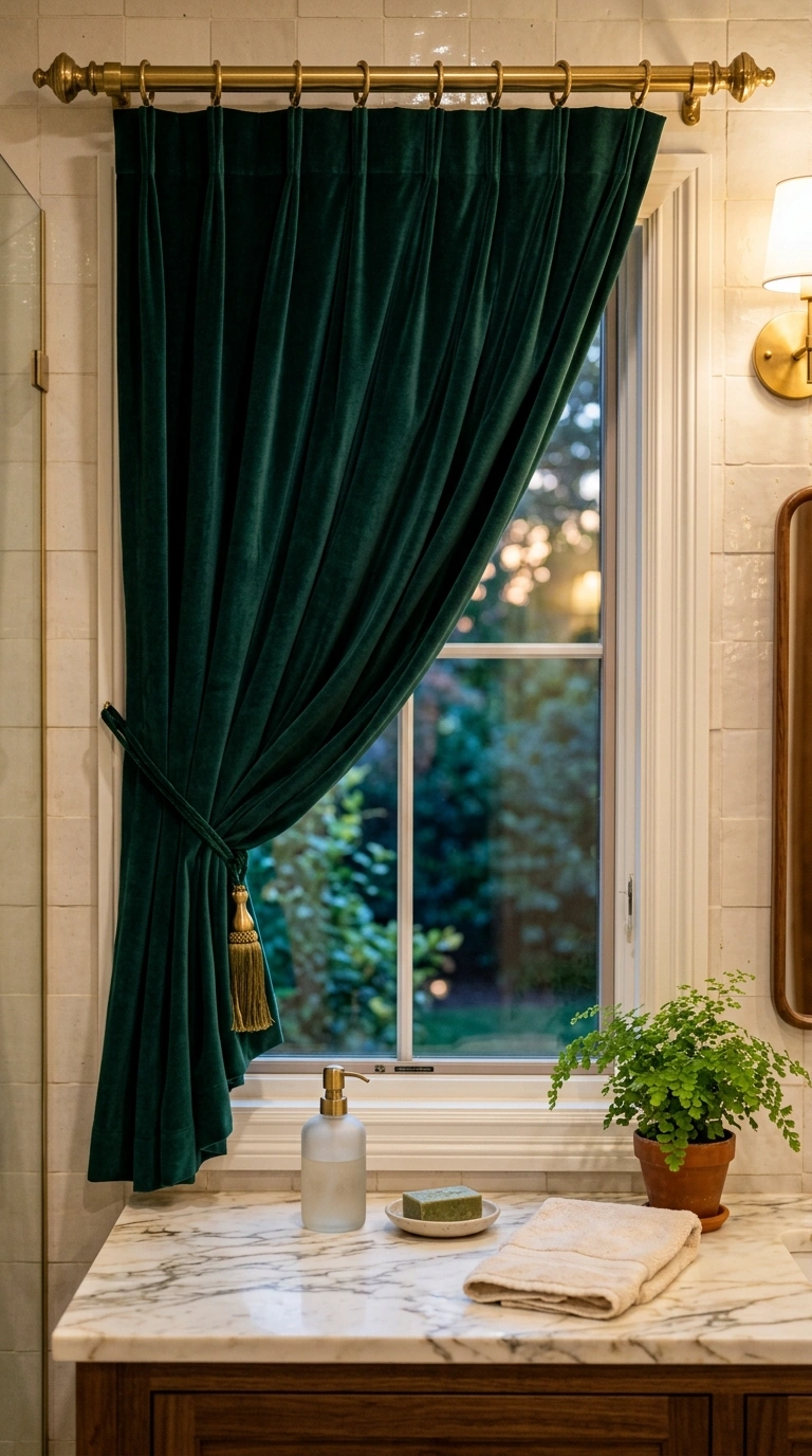 005 Velvet Luxury Curtain An elegant bathroom window w