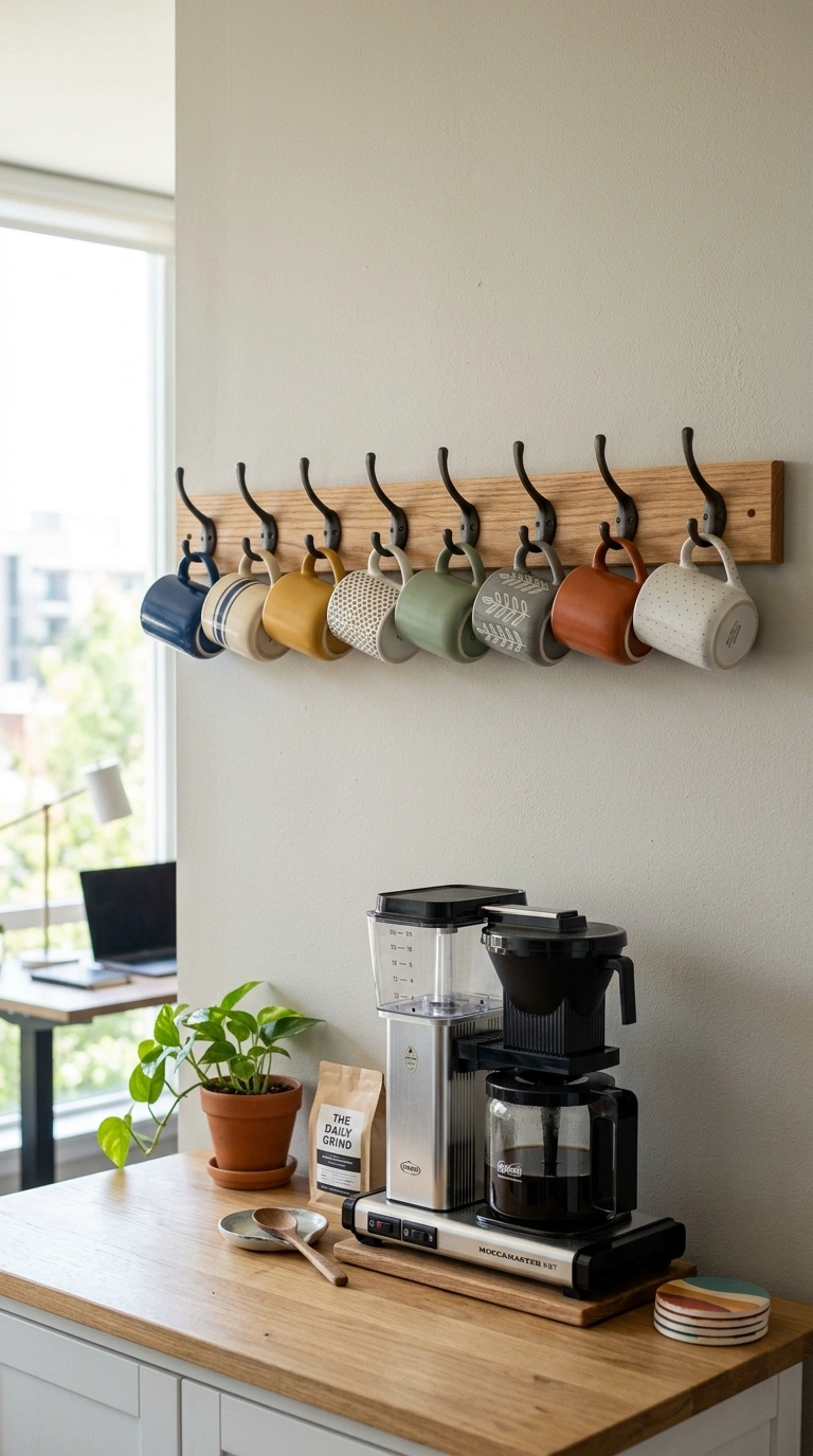 005 Wall Mounted Mug Rack A wood mug rack with eight m
