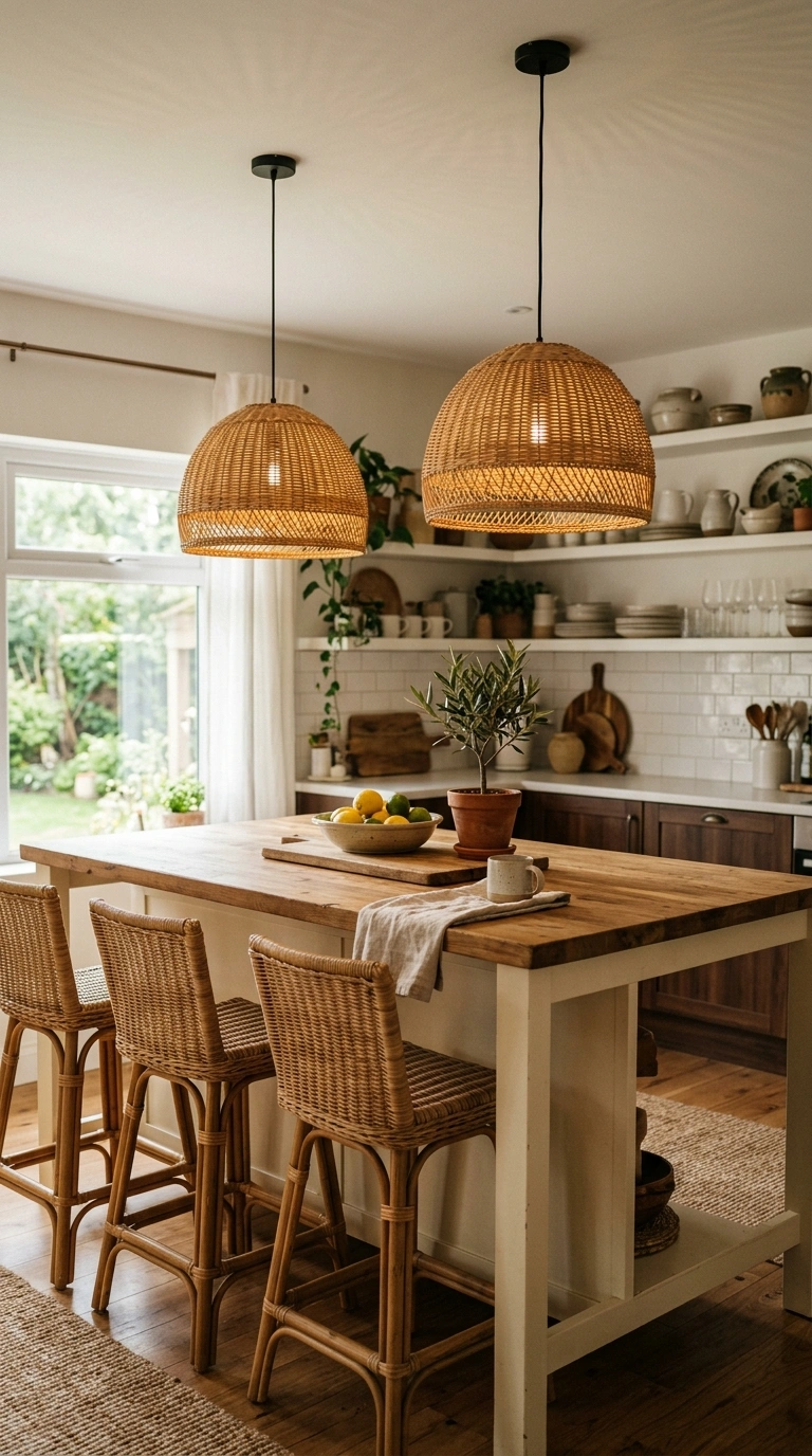 005 Woven Pendant Lights A kitchen island with two mat