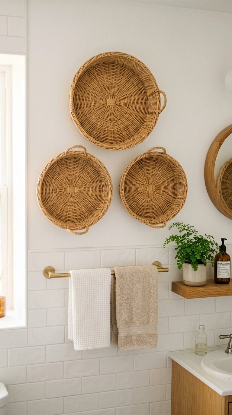 005 Woven Wall Basket A bathroom wall with three natur