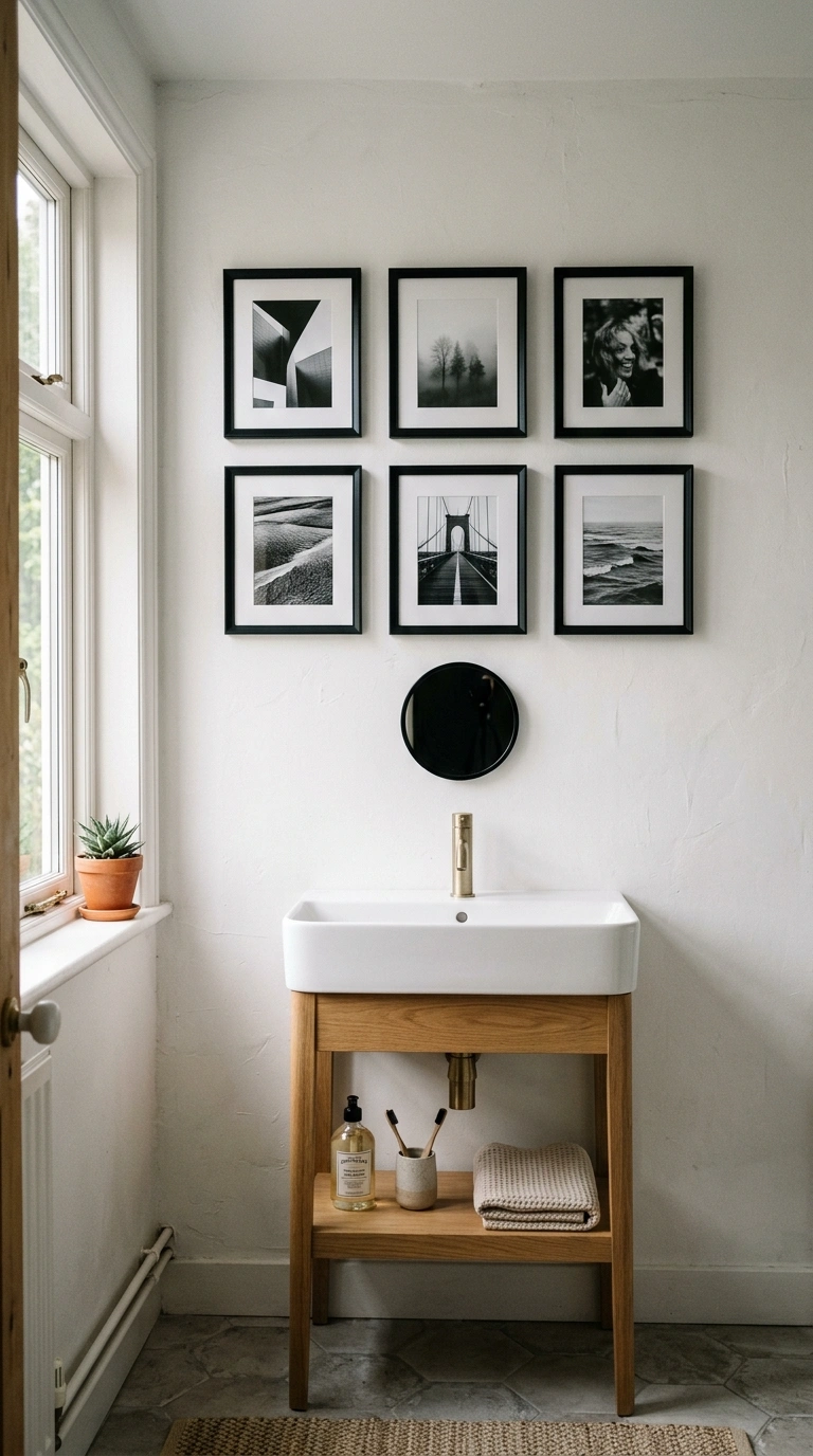 006 Black Frame Gallery A bathroom wall with six small