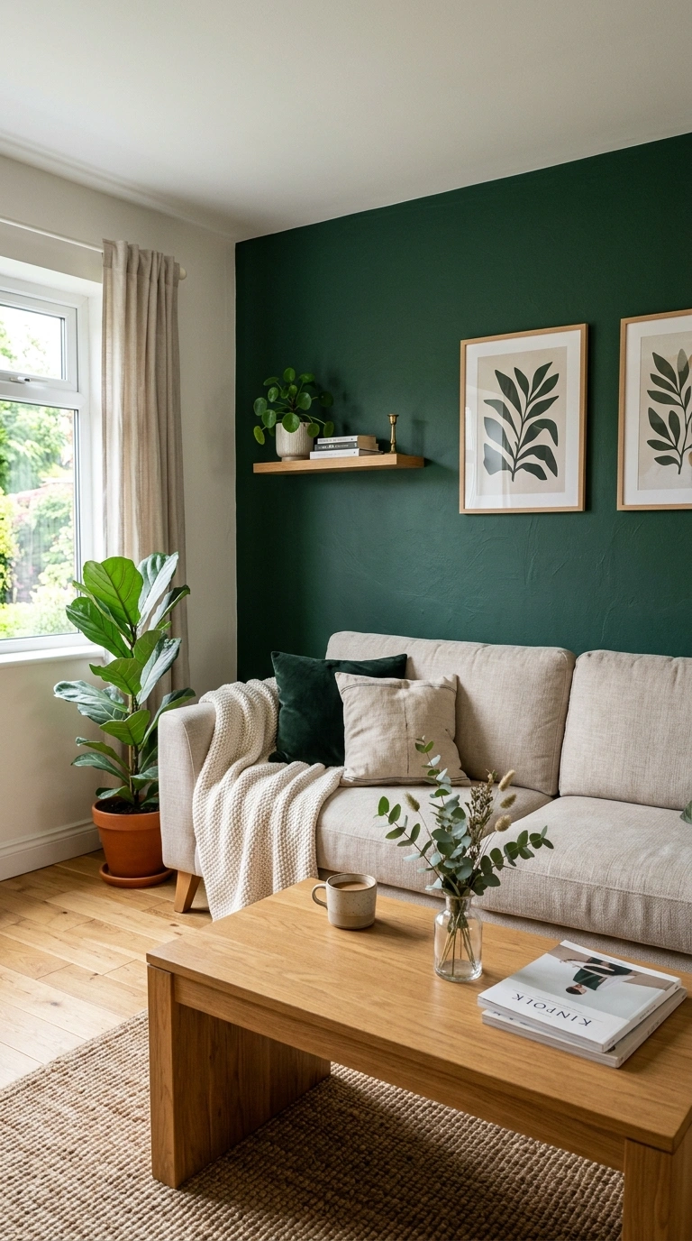 006 Bold Accent Wall A living room with one deep fores