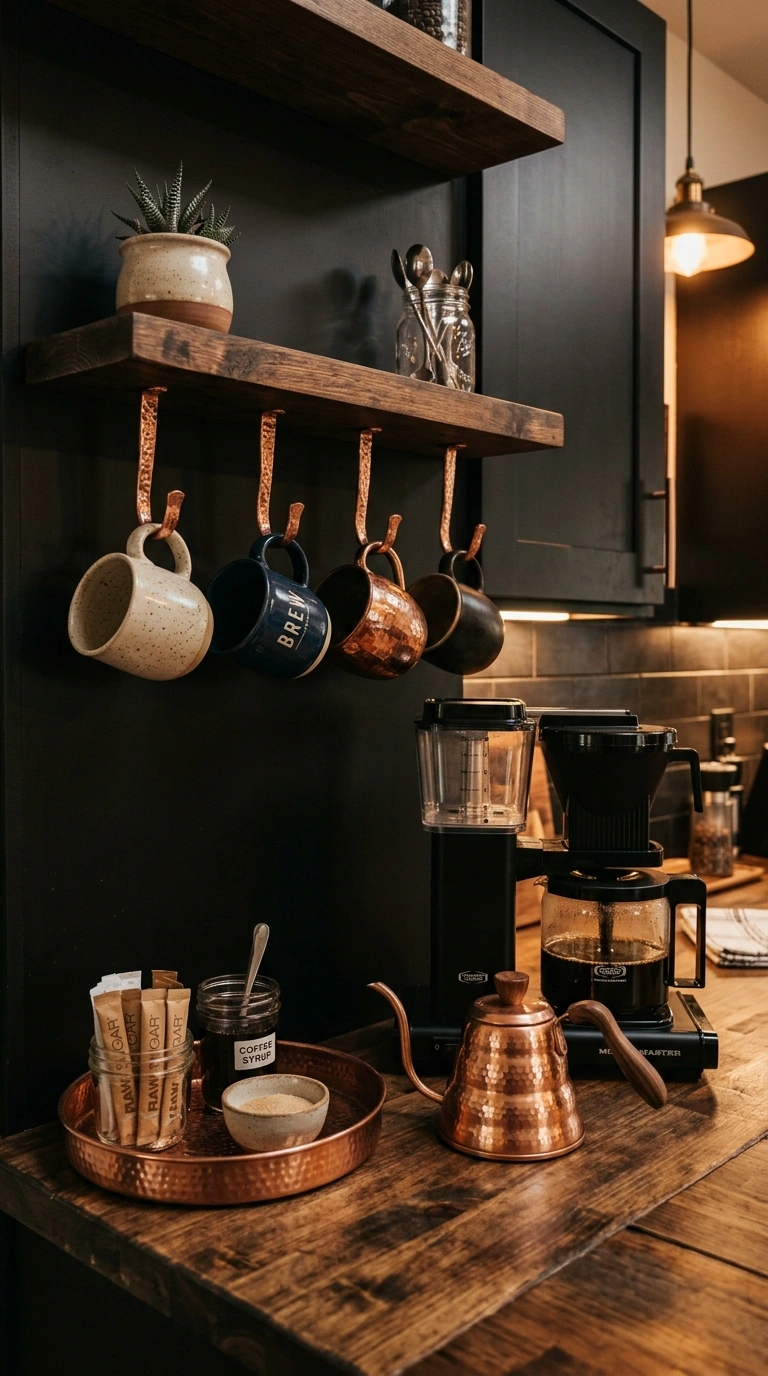 006 Copper Accent Bar A dark wood shelf with copper ho