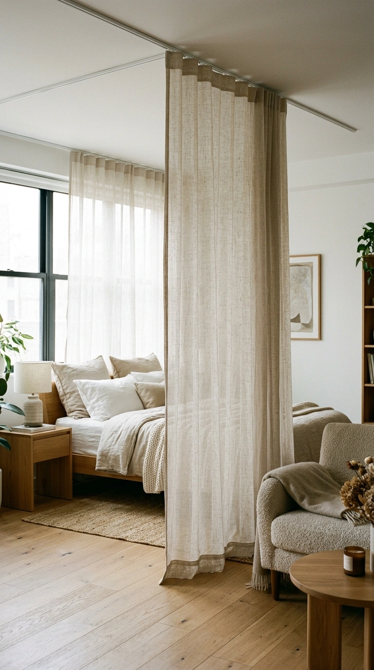 006 Curtain Room Divider A bedroom with a sheer linen