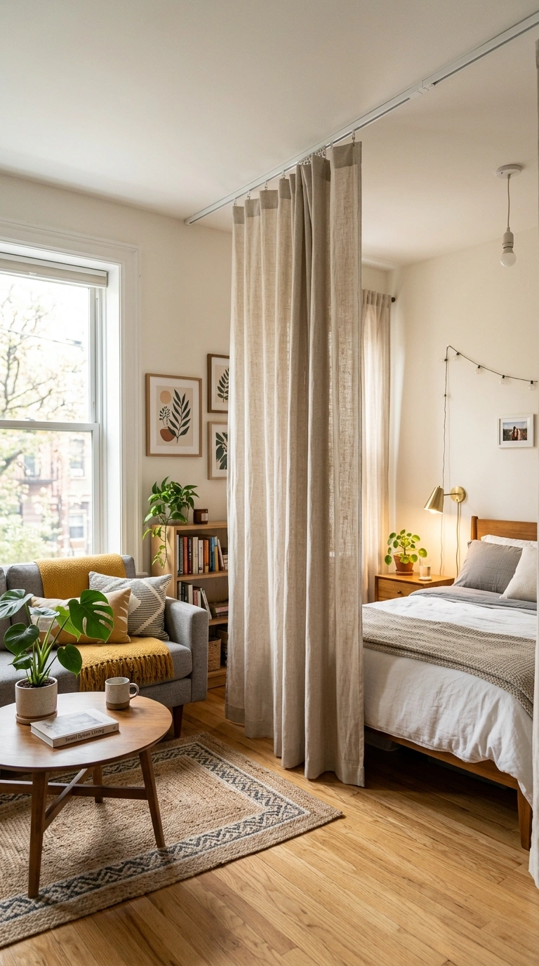006 Curtain Room Divider A studio apartment with a cei