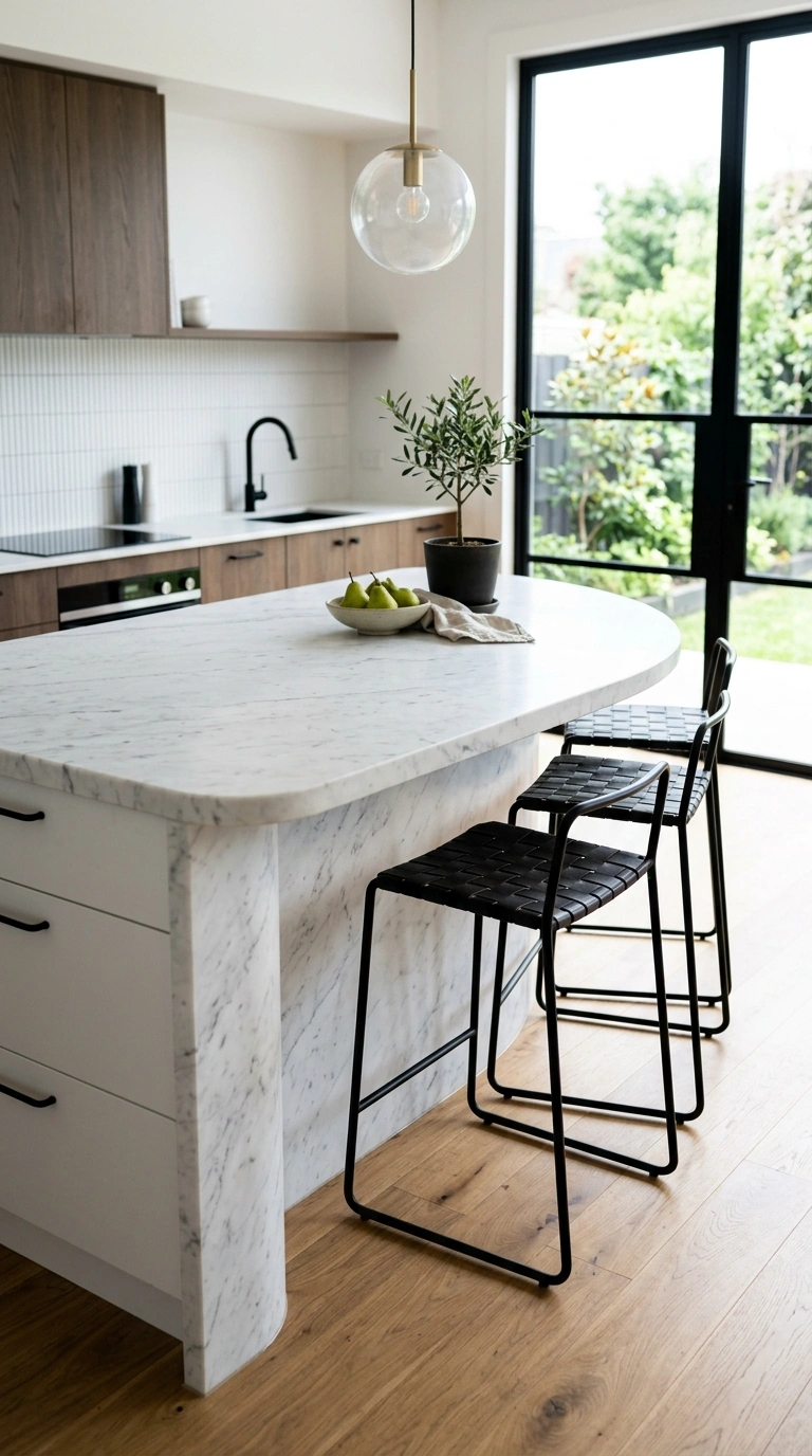 006 Curved Island Edge A white marble kitchen island w