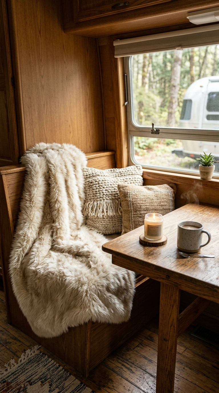 006 Faux Fur Throw A camper dinette bench draped with