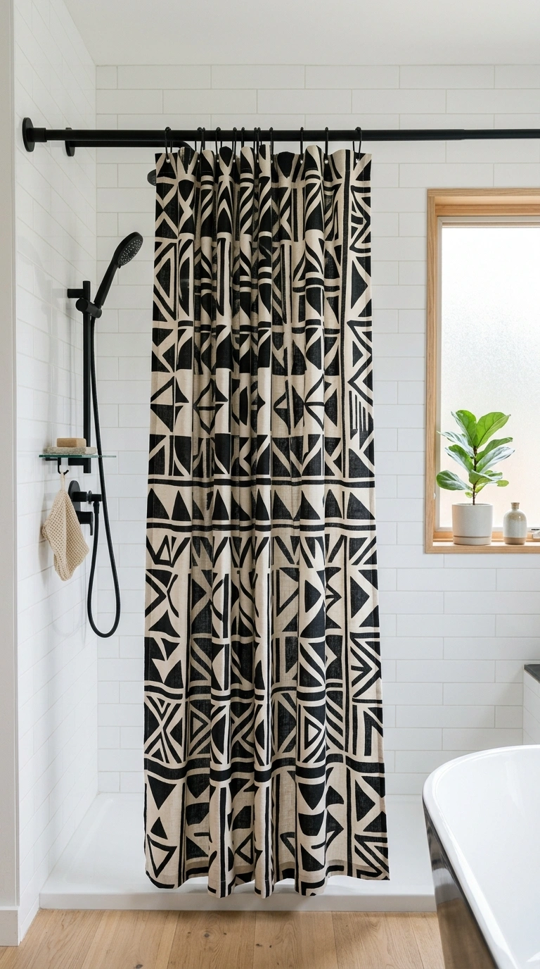 006 Geometric Print Curtain A modern minimalist bathro