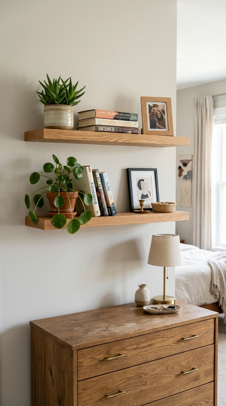006 Install Floating Shelves Two wooden floating shelv