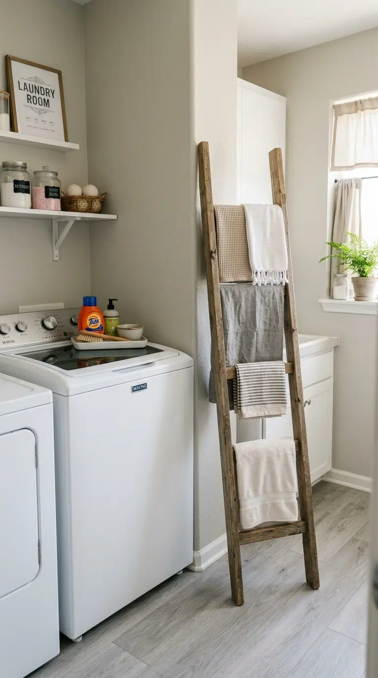 006 Ladder Style Towel Rack A narrow laundry room with