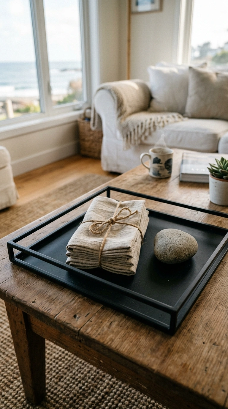 006 Linen Napkin Stack A coffee table with a black tra