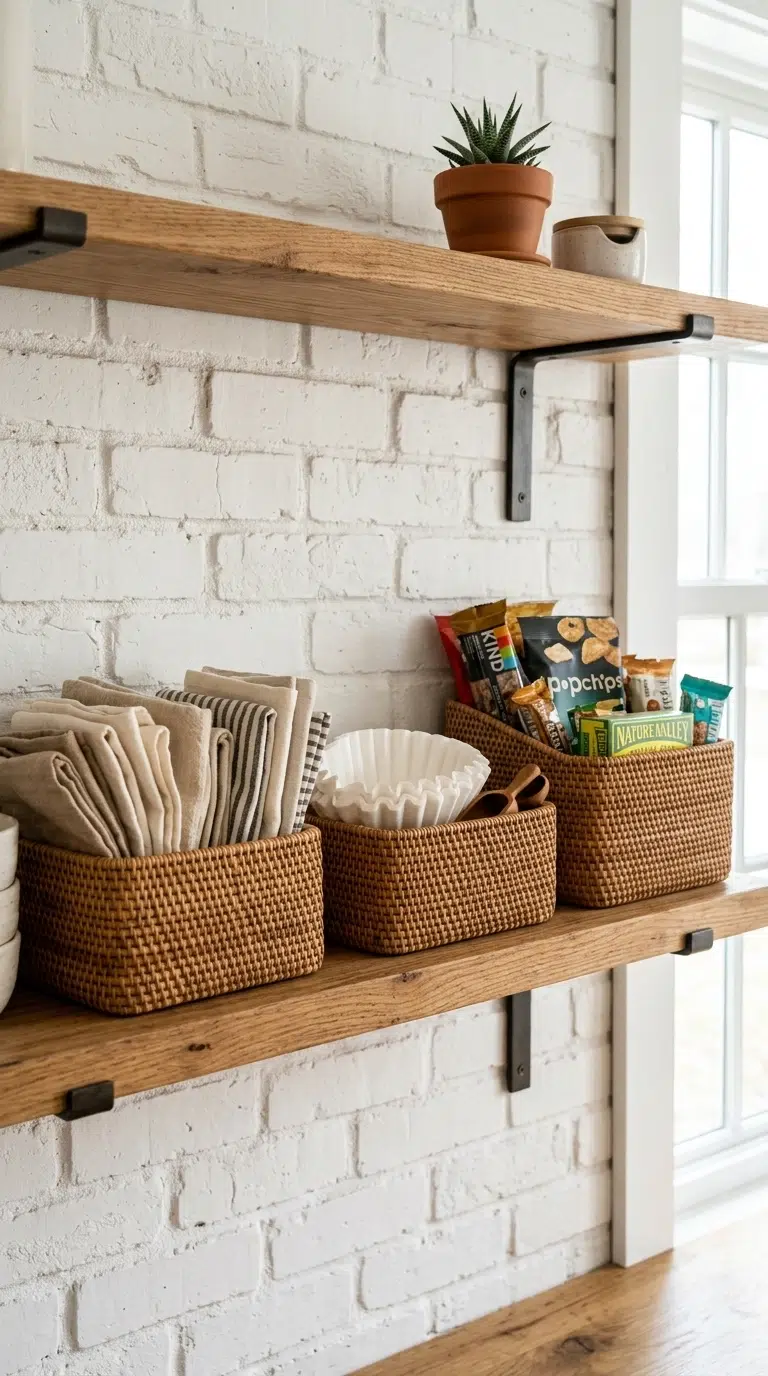 006 Open Shelf Baskets Open wooden kitchen shelves hol